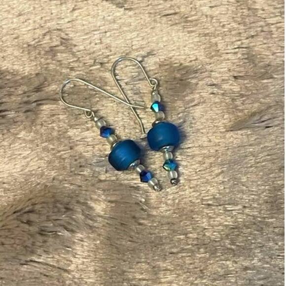 Vintage Silver, Blue Frosted Sea Glass, Iridescent Bicone Beaded Dangle Earrings - Picture 2 of 3